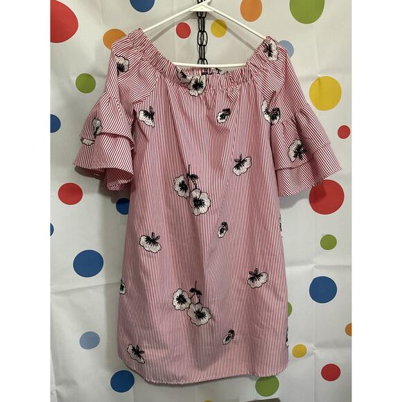 NWOT Ces Femme Size S Off The Shoulder Dress Pinstriped Floral - Picture 1 of 16